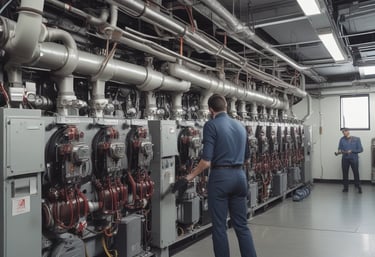 Close-up of a commercial building inspection with safety gear.