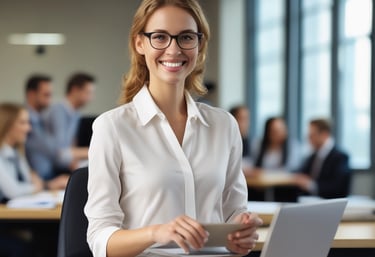 Professional team collaborating in a modern office setting.