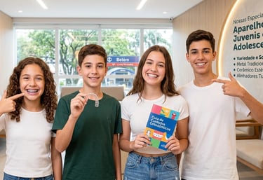 Quatro jovens sorrindo no dentista mostram variedade de aparelhos fixos e alinhadores invisíveis perto do metrô Belém.
