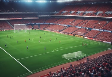 A close-up of a classic black and white football on a lush green pitch under bright stadium lights.