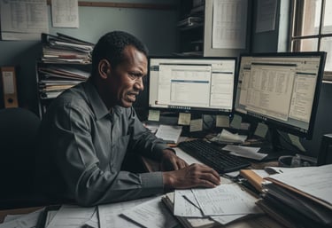 homme devant ordinateur et piles de documents facture qui fait tout et stressé