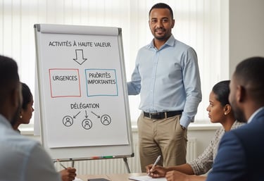 a man standing in front of a white boardroom