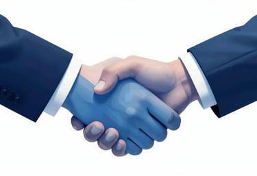 Abstract representation of a handshake formed by geometric lines, symbolizing a strong partnership, colors #3D6B90 and #0A1C2C.