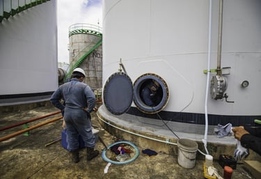 Trabajadores industriales realizando una inspección de entrada a espacio confinado en un gran tanque