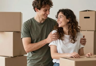 Friendly moving team carefully packing boxes in a cozy Salzburg home.