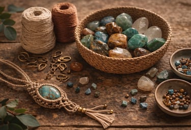 Collar de macramé hecho a mano con piedra turquesa y cristales naturales en una canasta tejida