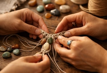 Manos elaborando un collar de macramé hecho a mano con piedras preciosas sobre mesa de madera