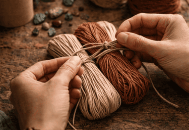 Manos haciendo un nudo en manojos de cordón de macramé en tonos tierra naturales 