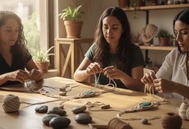 Mujeres en taller de joyería en macramé, elaborando collares hechos a mano con cordón y piedras natu