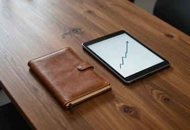 A bird's-eye view of a polished wooden boardroom table with a leather-bound notebook and a tablet showing a steady upward trend line. The atmosphere is quiet, focused, and suggests strategic high-level planning.