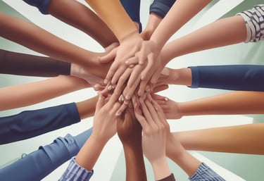 A warm, sunlit living room with people sharing a meal and laughter, embodying community and recovery.