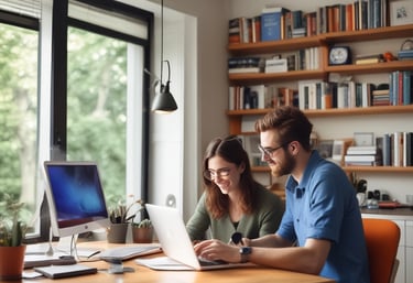 A friendly technician helping a customer with a laptop in a cozy home office, featuring blue and orange accents.