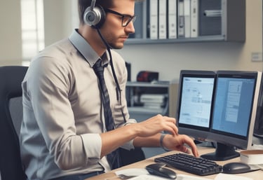 A close-up of hands typing on a laptop keyboard with a blue and orange color theme.