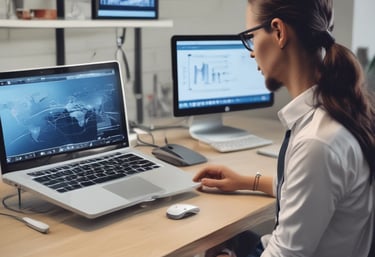 A technician fixing a computer with blue and orange tools in a modern workspace.