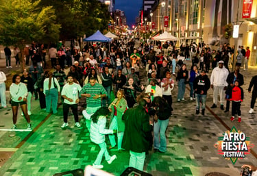 Crowd dancing at the Afro Fiesta Festival street party at night with music and vendors.
