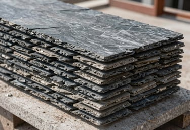 A close-up of high-quality building materials, specifically stacked slate and bricks, on a clean Northern European construction site.