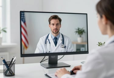 A professional doctor in the US conducting a telemedicine session via a high-definition monitor in a clean Soft White office with Steel Blue accents.
