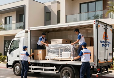 Professional movers wrapping a wooden dining table in protective bubble wrap inside a bright modern high-rise apartment in Middle Eastern / Gulf (Abu Dhabi, UAE).