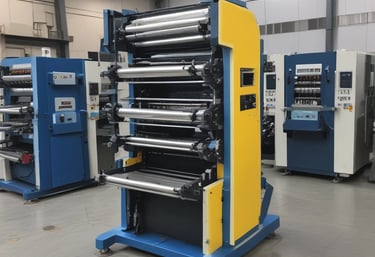 Modern industrial printing machines operating in a bright, clean factory setting.
