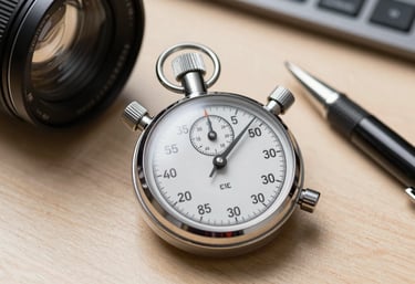 A high-end, professional stopwatch and a pen on a desk, representing the final revision and elite performance phase.