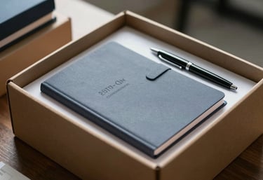 A finished box of branded corporate merchandise, including notebooks and pens, ready for delivery in a professional setting.