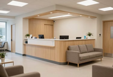 An interior shot of a welcoming, modern medical reception area in North America, with comfortable seating, light wood accents, and a calm, clean atmosphere.