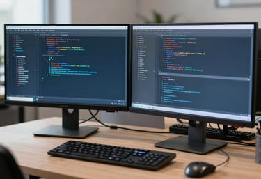 A professional developer's desk showing two monitors with code, reflecting a clean and productive Central European / German office environment, Palette colors: Dark Slate Blue and Pale Silver Blue.