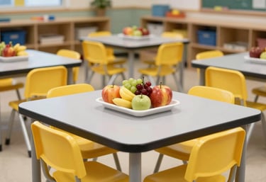 A clean, organized North American / US preschool dining area with small grey tables and yellow chairs, featuring a tray of fresh fruits.