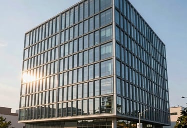 An architectural photograph of a modern, eco-friendly office building with glass and steel, located in a growing Pan-African business hub. The lighting is crisp morning sun.
