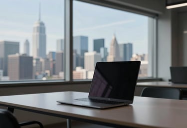 A professional business environment featuring a minimalist desk with a premium laptop and a window overlooking a clear skyline. Sophisticated atmosphere.