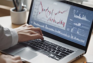 A close-up of a laptop screen displaying a dynamic stock market chart.