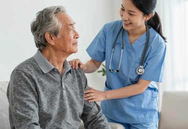A warm caregiver helping an elderly woman with her daily routine inside a cozy home.