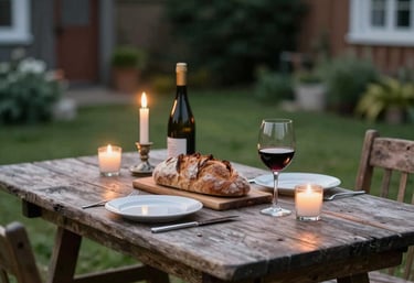 A rustic outdoor dining table set with artisanal bread, wine, and candles in a Northern European / North American garden, atmospheric evening light.