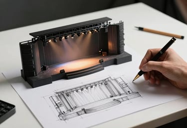 Concept art of a stage layout for a music video, hand-drawn sketches on a minimalist desk, professional planning phase.