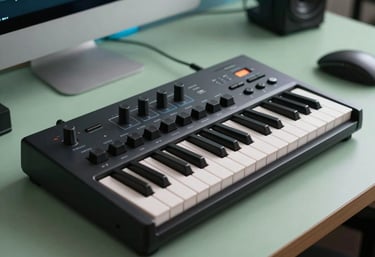 Professional keyboard controller on a desk with sage green and pale blue ambient lighting, modern music production setup.