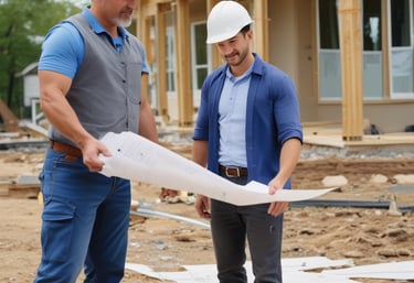 A skilled carpenter carefully framing a family care home under bright daylight.