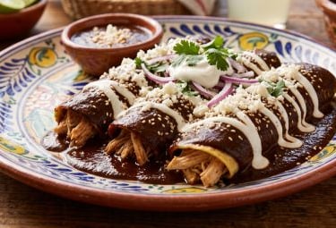 Enchiladas de mole con queso, crema y cebolla, acompañadas con frijoles.