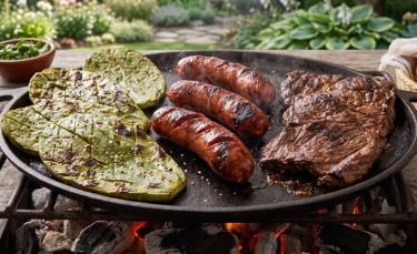 Arrachera, chorizo y nopales en el asador listos para comer en una tortilla de maíz.