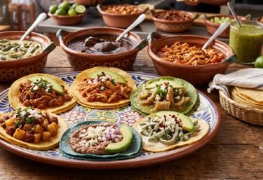 Cazuelas con diferentes guisados y tacos hechos con tortillas de maíz.