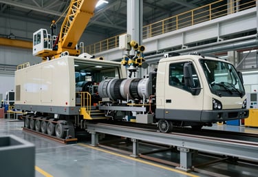 A professional wide-angle shot of a crane assembly area, featuring metallic surfaces, industrial machinery, and a clean professional off-white and muted blue grey environment.