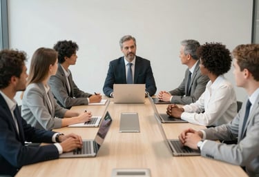 A group of diverse corporate professionals in a boardroom meeting, representing CSR partnership and success. The atmosphere is professional and trustworthy, with a clean off-white palette.
