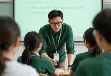 A dynamic photography shot of a skill development workshop where a mentor is guiding a young student. The setting is bright and professional, incorporating deep forest green and soft mint green tones.