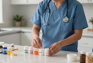 A professional caregiver in a North American / US kitchen setting, organizing medication containers neatly in a bright workspace.