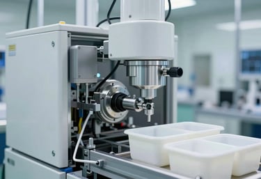 A sleek, automated production line for medical disposables, featuring bright white lighting and silver metallic components, professional and high-tech, Global / International.