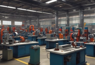 A skilled technician operating a large metal lathe machine in a clean, modern industrial workshop with steel parts surrounding.