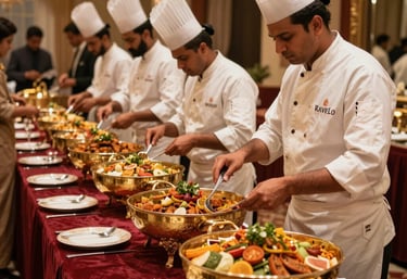 A beautifully set banquet table decorated with red and gold accents under soft warm lighting.