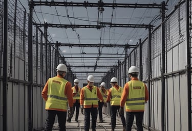 Industrial maintenance team working on heavy machinery in a factory setting.