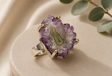 Detalle de joyería artesanal ALMIKA elaborada con piedras naturales y acabados de alta calidad.