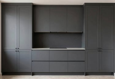 A finished set of modern, dark grey kitchen cabinets installed in a luxurious Middle Eastern / Gulf home, showing perfect alignment and craftsmanship.