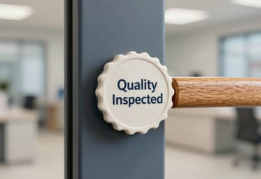 A macro photograph of a 'Quality Inspected' seal on a clean wooden door handle in a modern North American commercial building, slate blue and off-white tones.